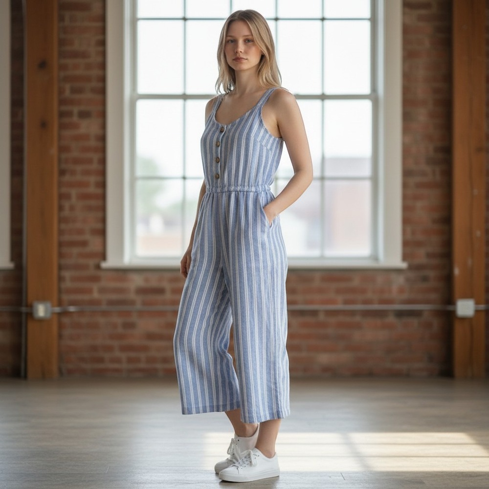 C&C California Womens Blue White Striped 100% Linen Wide Leg Jumpsuit Size‎ 8